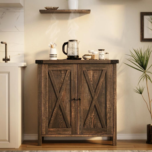 GAOMON Farmhouse Sideboard Buffet Cabinet with Storage, Rustic Wood Credenza with 2 Barn Doors and Adjustable Shelf, Grey Wash Console Cabinet for Kitchen, Dining Room, Living Room or Entryway