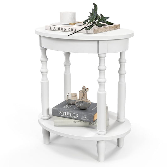 2-Tier Oval End Table, Sofa Side Table with Storage Shelf, Solid Wood Legs, Modern Accent Table, Compact Nightstand for Living Room, Bedroom, Small Space, White