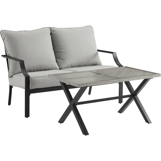 Crosley Furniture CO6294MB-GY Otto Outdoor Metal 2-Piece Seating Set (Loveseat, Coffee Table), Matte Black with Gray Cushions