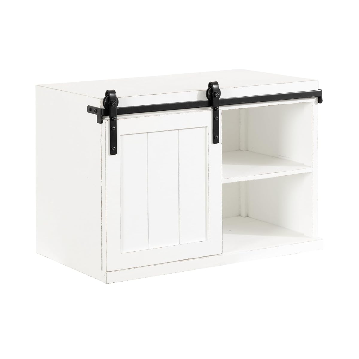 Cates Decorative Wood Floating Side Table with Sliding Barn Door; 20 x 12 x 15; Rustic White; Farmhouse Wooden Floating Wall Cabinet for Versatile Home Storage