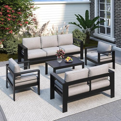 Aluminum Patio Furniture Set for All Weather, Oversized Metal Outdoor Furniture with 27.5" Deep Seating and 3.2" Wide Armrest, Patio Conversation Set with 10’’ Back Cushion, Black and Grey