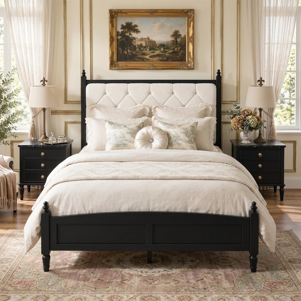 Queen Upholstered Platform Bed Frame with Tufted Headboard, Beige Black