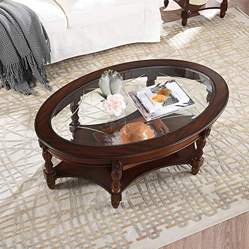 Solid Wood Oval Coffee Table with Glass Top&Shelf, 44.9"W*34"D | Cherry Walnut Wood Glass Sofa Center Table for Home Office, Vintage Cocktail Table with Storage Shelf, Fits Any Styles