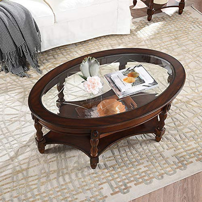 Solid Wood Oval Coffee Table with Glass Top&Shelf, 44.9"W*34"D | Cherry Walnut Wood Glass Sofa Center Table for Home Office, Vintage Cocktail Table with Storage Shelf, Fits Any Styles