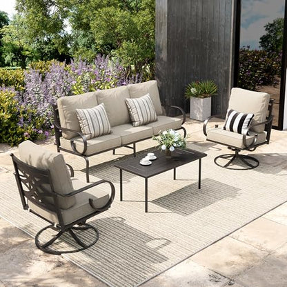 Patio Conversation Set for 5, 3-Seater Sofa, 2 Swivel Chairs and a Coffee Table, Metal Outdoor Furniture with 5.75" Extra Thick Cushion, Beige