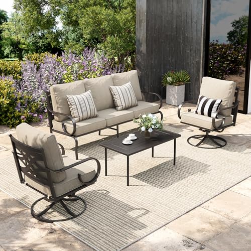 Patio Conversation Set for 5, 3-Seater Sofa, 2 Swivel Chairs and a Coffee Table, Metal Outdoor Furniture with 5.75" Extra Thick Cushion, Beige