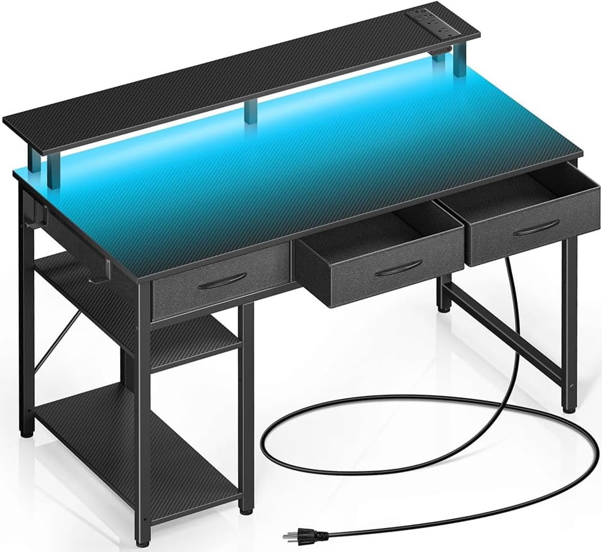 Computer Desk with Power Outlets & LED Light, 39 inch Home Office Desk with 3 Drawers and Storage Shelves, Writing Desk with Monitor Stand, Modern Work Desk for Home Office, Carbon Black