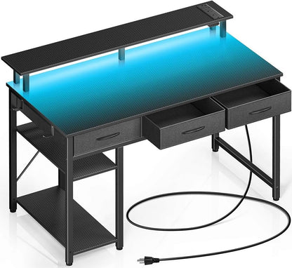 Computer Desk with Power Outlets & LED Light, 39 inch Home Office Desk with 3 Drawers and Storage Shelves, Writing Desk with Monitor Stand, Modern Work Desk for Home Office, Carbon Black