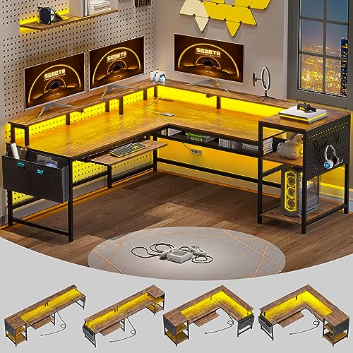 L Shaped Computer Desk, Reversible Computer Desks, L Shaped Desk with Power Outlets & LED Strip, Monitor Shelf, Keyboard Tray, Pegboard and Storage Shelves for Home Office, Rustic Brown