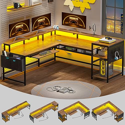 L Shaped Computer Desk, Reversible Computer Desks, L Shaped Desk with Power Outlets & LED Strip, Monitor Shelf, Keyboard Tray, Pegboard and Storage Shelves for Home Office, Rustic Brown