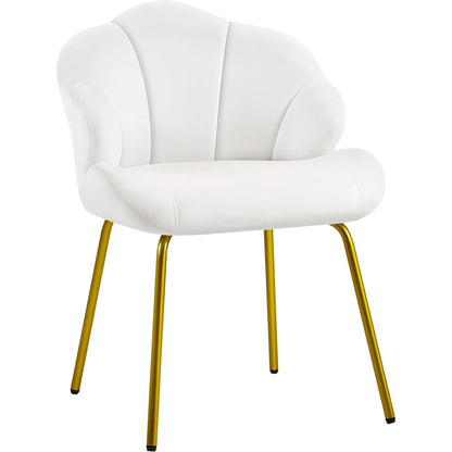 Yaheetech Vanity Chair, Velvet Accent Chair with Shell-Shaped Backrest, Modern Armchair with Gold Metal Legs for Dressing Room/Bedroom/Living Room, White