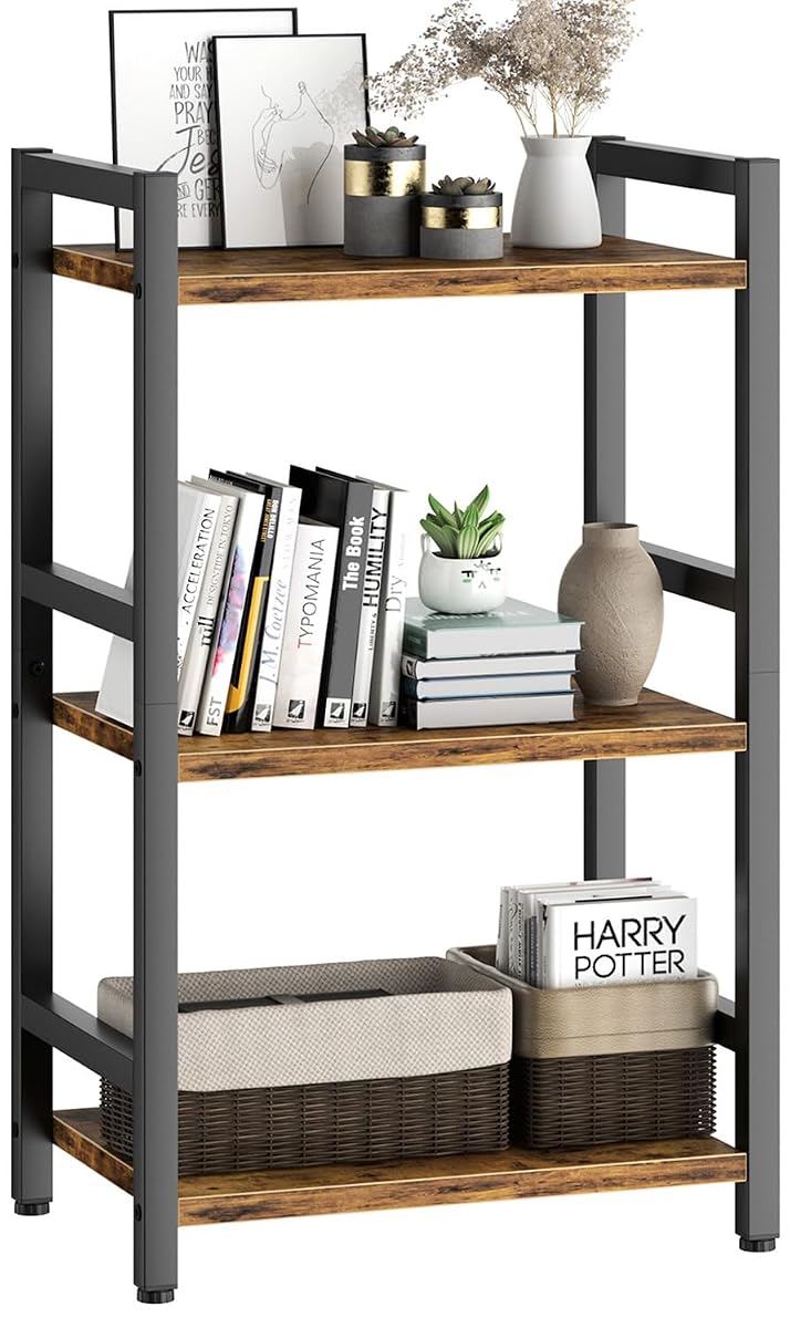 Book Shelf, 3 Tier Bookcase with Steel Frame, Stable Bookshelf Narrow Book Shelves Storage Organizer for Book CD Movie, Open Book Shelves for Living Room, Home Office, Study, Rustic Brown