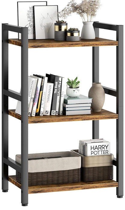 Book Shelf, 3 Tier Bookcase with Steel Frame, Stable Bookshelf Narrow Book Shelves Storage Organizer for Book CD Movie, Open Book Shelves for Living Room, Home Office, Study, Rustic Brown