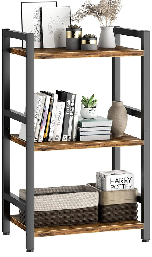 Book Shelf, 3 Tier Bookcase with Steel Frame, Stable Bookshelf Narrow Book Shelves Storage Organizer for Book CD Movie, Open Book Shelves for Living Room, Home Office, Study, Rustic Brown