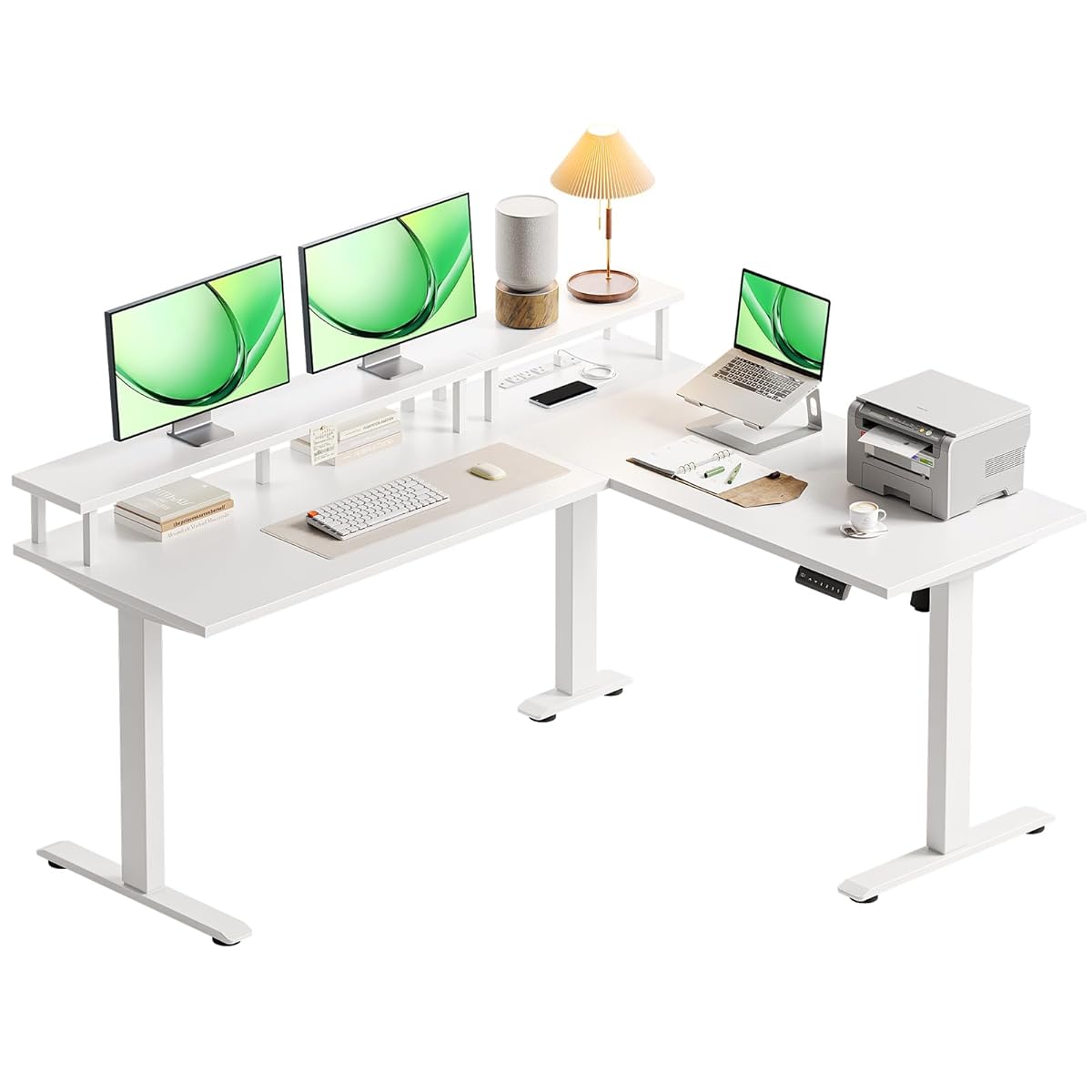 Electric L-Shaped Standing Desk, 59 Inch Height Adjustable Office Desk with Monitor Stand, Sit-Stand Desk with Power Outlets, Large Lift Table for Home, Office, Workstation, White