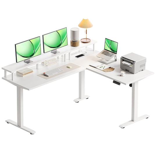 Electric L-Shaped Standing Desk, 59 Inch Height Adjustable Office Desk with Monitor Stand, Sit-Stand Desk with Power Outlets, Large Lift Table for Home, Office, Workstation, White