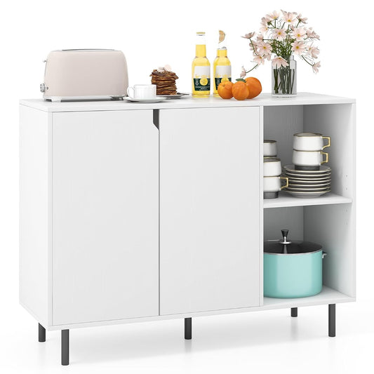 Buffet Cabinet with Storage, Wooden Sideboard with 2-Door Cabinet, 2 Cubes, 5-Position Adjustable Shelves, 5 Metal Legs, Anti-Toppling Device, Modern Furniture for Kitchen Living Room (White)