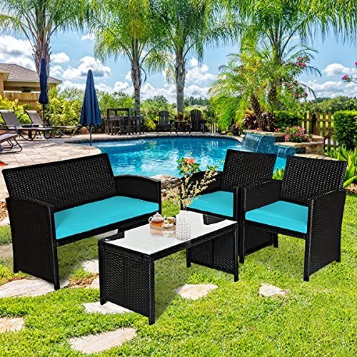 4 Pieces Patio Wicker Conversation Furniture Set, Patiojoy Sofa & Table Set w/4 Seats, Outdoor Rattan Sofa Set for Balcony Backyard, Wicker Chair Set with Tempered Glass Coffee Table