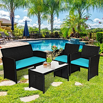 4 Pieces Patio Wicker Conversation Furniture Set, Patiojoy Sofa & Table Set w/4 Seats, Outdoor Rattan Sofa Set for Balcony Backyard, Wicker Chair Set with Tempered Glass Coffee Table