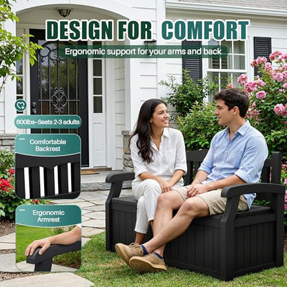80 Gallon Storage Bench Deck Box Lockable for Patio Furniture, Garden Decor and Outdoor Seating for Cushions, Garden Tools and Pool Supplies (Black)