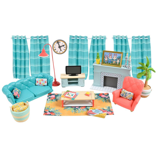 Honey Bee Acres Cozy Living Room Décor – 28 Pieces Accessory Set | Colorful Farmhouse Doll Furniture | Pretend Play Toys for Kids