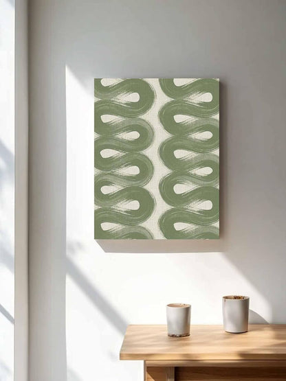 NuYeBiofx Sage Green Stripes Ribbon on Linen Canvas Wall Art Prints,48"x32" Framed Picture Artwork Abstract Waves Line Printed Canvas Oil Painting for Living Room Bedroom Office,Ready to Hang