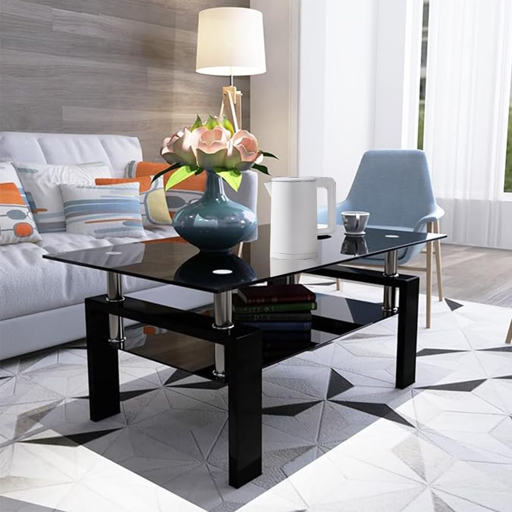 Black 2 tier glass top coffee table with wooden legs