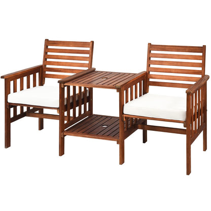 Acacia Wood Loveseat, 3pcs Outdoor Table Chairs Set, Patio Conversation Set w/Coffee Table and Soft Cushions, 2.1-inch Umbrella Hole, 2-Seater Furniture Set (White)