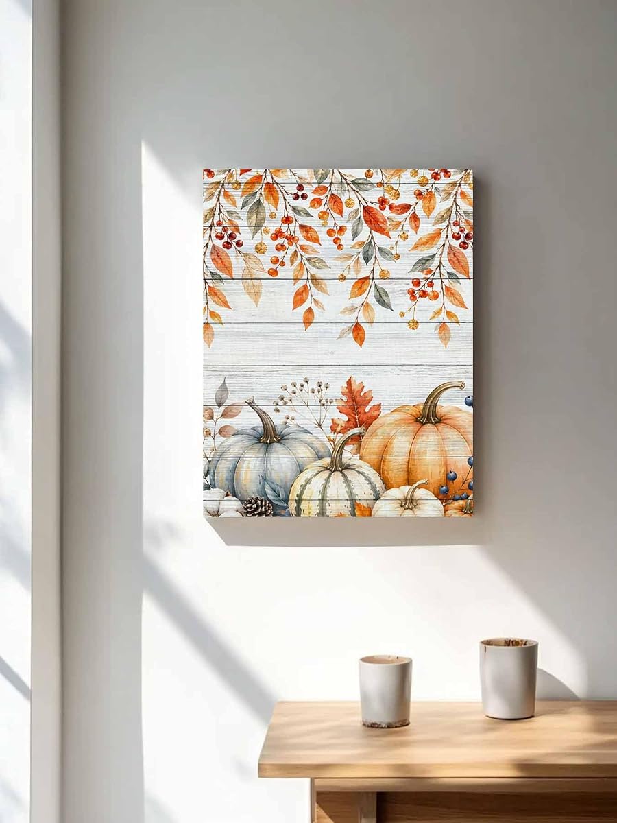 NuYeBiofx Farm Thanksgiving Pumpkins Canvas Wall Art Prints,30"x20" Framed Picture Artwork Hanging Palm Leaves on Wood Printed Canvas Oil Painting for Living Room Bedroom Office,Ready to Hang