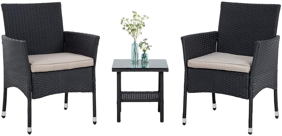 PayLessHere 3 Piece Furniture Patio Chairs Wicker Outdoor Rattan Conversation Bistro Set for Backyard Porch Poolside Lawn (Black)