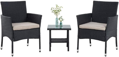 PayLessHere 3 Piece Furniture Patio Chairs Wicker Outdoor Rattan Conversation Bistro Set for Backyard Porch Poolside Lawn (Black)
