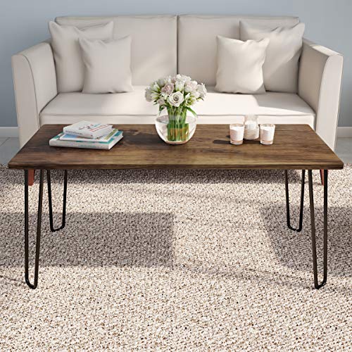 Coffee Table with Hairpin Legs - Modern Industrial Style Home Decor - Woodgrain-Look and Steel Accent Living Room Furniture (Brown)