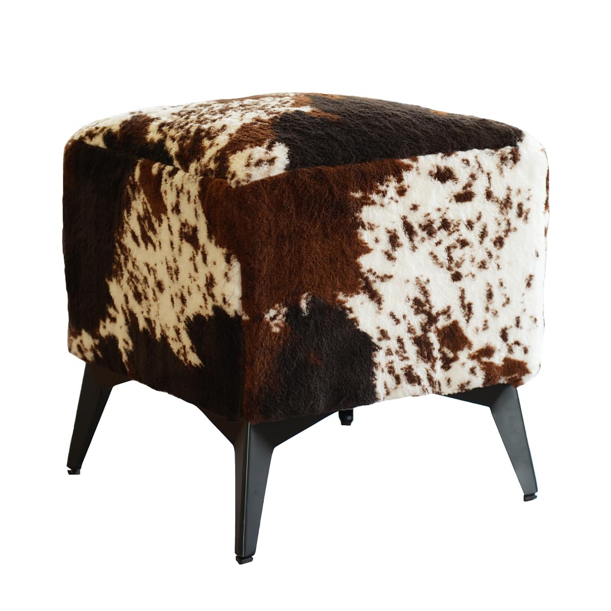 Faux Cowhide Ottoman, Upholstered Foot Stool - 16 x 16 x 17 Inches, Cube Footrest with Solid Metal Legs for Living Room, Bedroom & Entryway(Tricolor)