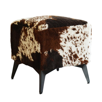 Faux Cowhide Ottoman, Upholstered Foot Stool - 16 x 16 x 17 Inches, Cube Footrest with Solid Metal Legs for Living Room, Bedroom & Entryway(Tricolor)