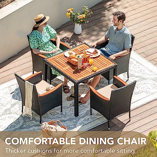 5 PCS Furniture, Patio Conversation Set with Acacia Wood Top, Rattan Outdoor Dining Table and Chairs for Backyard, Garden, Deck, Black