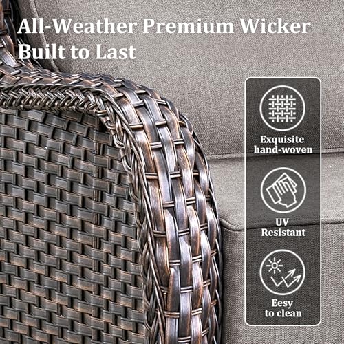 Luxury High Back Patio Furniture Set with 6-Inch Thick Cushions, 4-Pieces Outdoor Furniture with Swivel Chairs Fire Pit, Wicker Conversation Set for Porch, Balcony, Deck and Yard, Brown/Grey