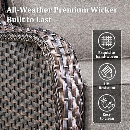 Luxury High Back Patio Furniture Set with 6-Inch Thick Cushions, 4-Pieces Outdoor Furniture with Swivel Chairs Fire Pit, Wicker Conversation Set for Porch, Balcony, Deck and Yard, Brown/Grey