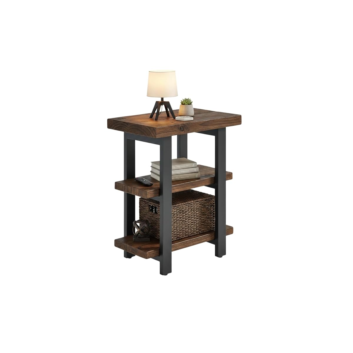 Pomona Solid Wood 3-Tier End Table, Rustic Brown, 20” | Small Side Table or Nightstand with Storage Shelf and Metal Legs, Rustic Farmhouse Chair Side Table for Living Room & Bedroom
