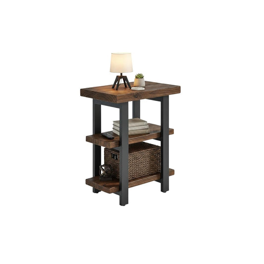 Pomona Solid Wood 3-Tier End Table, Rustic Brown, 20” | Small Side Table or Nightstand with Storage Shelf and Metal Legs, Rustic Farmhouse Chair Side Table for Living Room & Bedroom