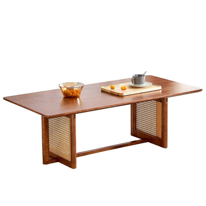 Coffee Table for Living Room, Rectangle Solid Wood Table Top, Modern Imitation Rattan Coffee Table, Cross Table Legs Tea Table for Apartment Small Space (Walnut)