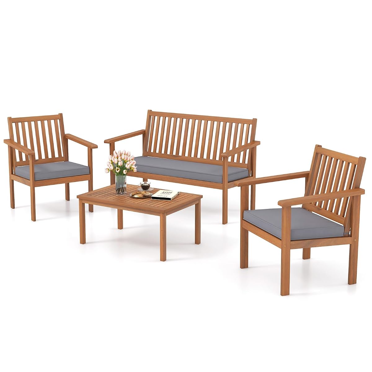 4 Piece Patio Wood Furniture Set, Acacia Wood Sofa Set w/Loveseat, 2 Chairs & Coffee Table, Soft Seat Cushions, Outdoor Wood Furniture Set for Porch, Yard, Balcony (Gray)