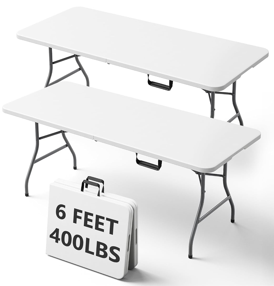 6FT Folding Table, Heavy Duty Plastic Fold-in-Half Utility Table with Handle, Portable Camping Picnic Table with Steel Legs for Indoor Outdoor Party, Dining, White,2 Pack