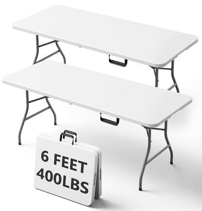6FT Folding Table, Heavy Duty Plastic Fold-in-Half Utility Table with Handle, Portable Camping Picnic Table with Steel Legs for Indoor Outdoor Party, Dining, White,2 Pack