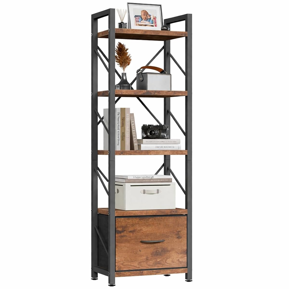 Bookshelf, 5 Tier Bookcase with Drawer, Modern Tall Bookshelves Storage Organizer, Industrial Book Shelves for Bedroom, Living Room, Office, Rustic Brown