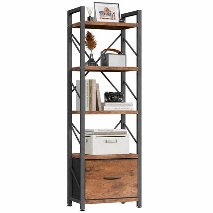 Bookshelf, 5 Tier Bookcase with Drawer, Modern Tall Bookshelves Storage Organizer, Industrial Book Shelves for Bedroom, Living Room, Office, Rustic Brown