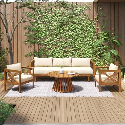 Outdoor 4-Piece Acacia Wood Conversation Set - Patio 3-Seat Loveseat Sofa Daybed with Cushion, 2 Armchair and Round Coffee Table for Backyard, Lawn, Balcony, Teak + Beige