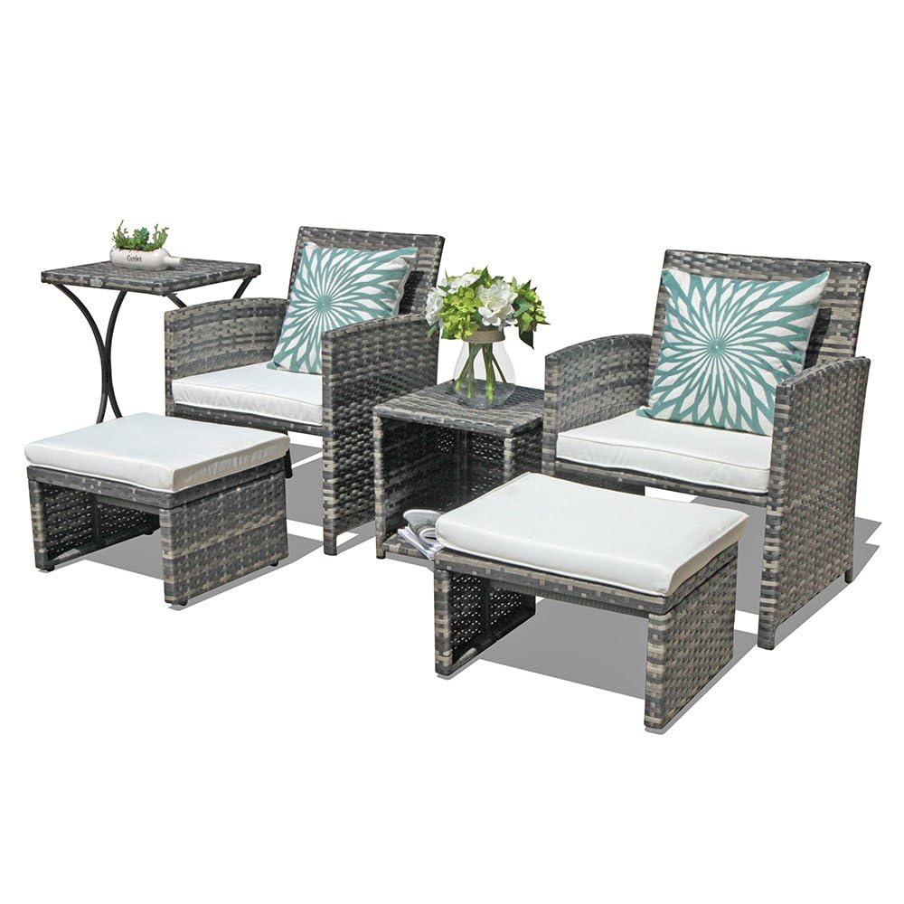6 Piece Patio Furniture Conversation Set with Ottoman, Outdoor Grey Wicker Chair and Table Set, Balcony Furniture for Apartments, White