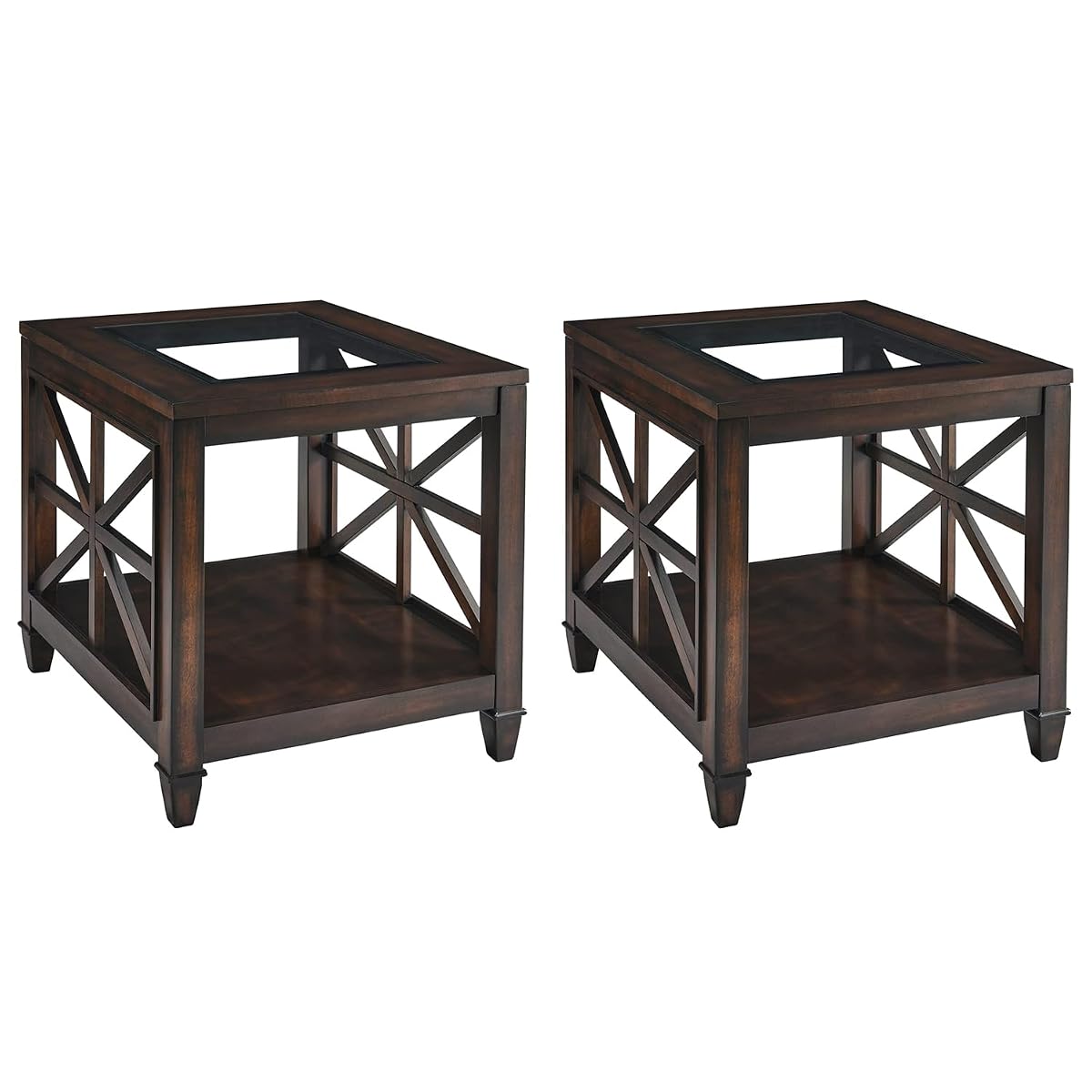 Set of 2 Solid Wood End Tables with Tempered Glass Top, 28" x 24" Large Farmhouse Side Table for Living Room, Bedroom & Office, Vintage Walnut
