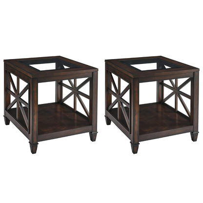 Set of 2 Solid Wood End Tables with Tempered Glass Top, 28" x 24" Large Farmhouse Side Table for Living Room, Bedroom & Office, Vintage Walnut