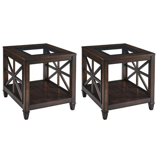 Set of 2 Solid Wood End Tables with Tempered Glass Top, 28" x 24" Large Farmhouse Side Table for Living Room, Bedroom & Office, Vintage Walnut